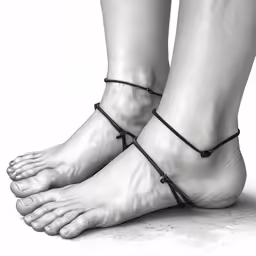the bottom of two feet with black rope