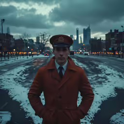 man in red coat standing on the snowy street