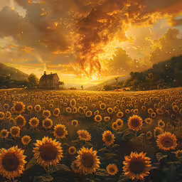 a painting of a sunflower field at sunset,sunflowers in a field as the sky begins to turn yellow
