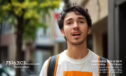 a man with an orange and white shirt is standing on the sidewalk