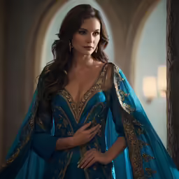 the woman in the blue dress is dressed as an egyptian queen