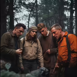 three men and one woman stand in a forest