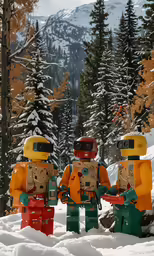 three lego toy astronauts in the snow near pine trees