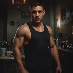 a man in black tank top standing in kitchen