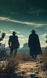 two people walking through a desert field