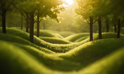 a green grassy field with trees at sunset