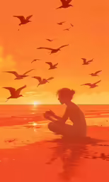 the boy sits on the sand while birds fly by
