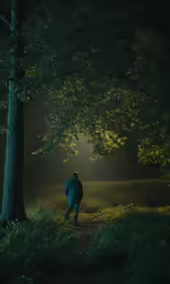 the man walks alone under a very large tree