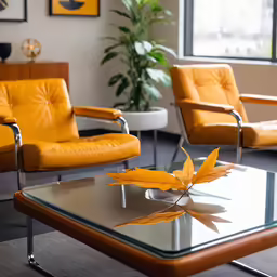 a room with several chairs, tables and plants