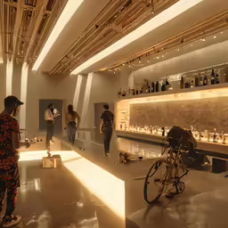 a room filled with lots of bottles next to a bicycle