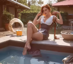 a beautiful young woman sitting on a pool next to a man