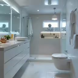 the white bathroom has all of its lights on