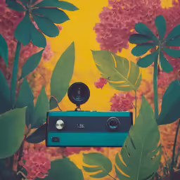 an image of an old style camera and some flowers