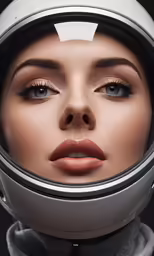 a woman in a space helmet with blue eyes