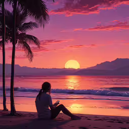 a person sits on the sand next to the beach at sunset,a woman is sitting alone in the sand