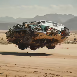 the car is airborne in the desert and is being lifted up