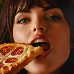 a woman eating a slice of pizza with her mouth