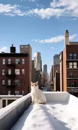 a white cat sits on a roof over looking the city