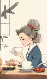 a drawing of a young woman drinking coffee