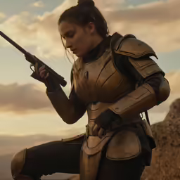 woman in a brown suit holding a gun in front of rocks