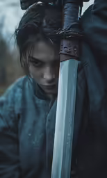 the woman holding a sword and looking down