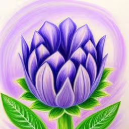 a drawing of a purple flower with green leaves,a drawing of a purple flower with leaves
