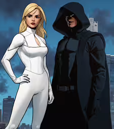 a cartoon picture of a man and a woman in catsuit gear,a woman with blonde hair in a white catsuit standing next to a man with black eyes wearing a batman costume