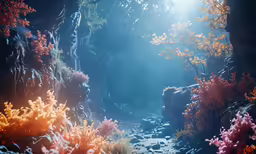 an ocean scene with many colorful plants and rocks