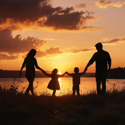 a family walks towards the water with their young daughter