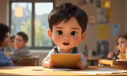 a baby sitting at a desk and holding onto an electronic device