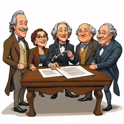 four cartoon men and a woman sitting at a table together
