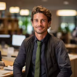 a man sitting down at an office with his legs crossed,the man is smiling as he sits at the desk