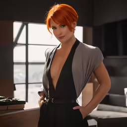 the redhead woman poses for a photograph in a modern office setting