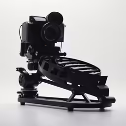 a camera sitting on a small stand with one section holding a video camera
