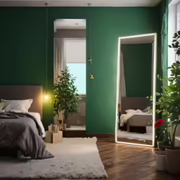 a green bedroom with bed, potted plants and a large mirror on the wall