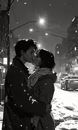 two people stand next to each other as they kiss in the snow