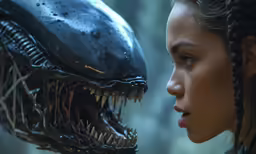the girl looks at a large alien