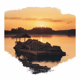 the sunset is in the background of a dock in water