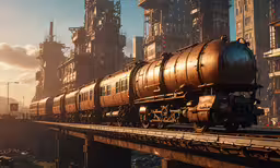 a train that is riding down a track next to buildings,a train rides on the track with a sunset in the background