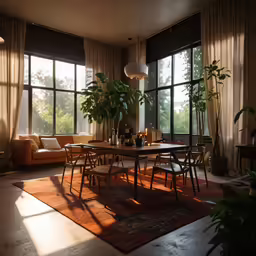 a dining room with large windows and a table in front of it