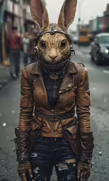 an animal wearing leather and a helmet made to look like it is from aliens