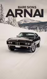 an old fashion muscle car is in the snow
