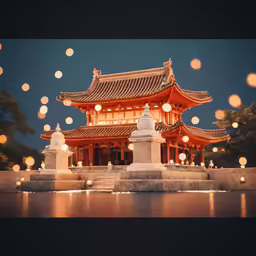 a chinese pagoda surrounded by lights and water