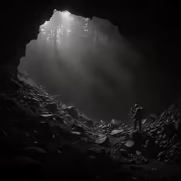 a person standing in front of the entrance of a dark cave