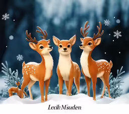three little deer stand next to each other in the snow