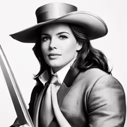 woman with two giant knives wearing a hat