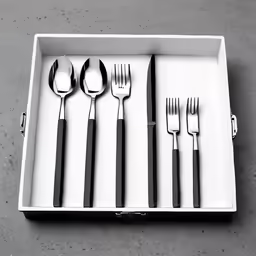 silverware in the box, forks and spoons with two handles
