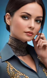 a young lady wearing an up - close neck scarf