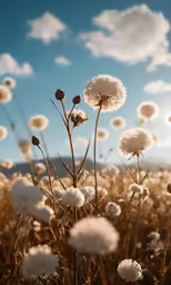 a field of white flowers against a blue sky