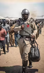 a man in a star wars outfit walking on the street with two bags